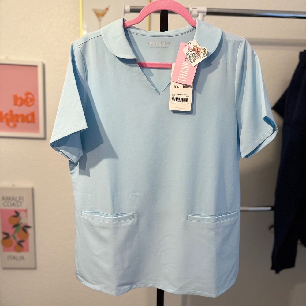 Mandala Light Blue Polo Collar Short Sleeve Top - Women